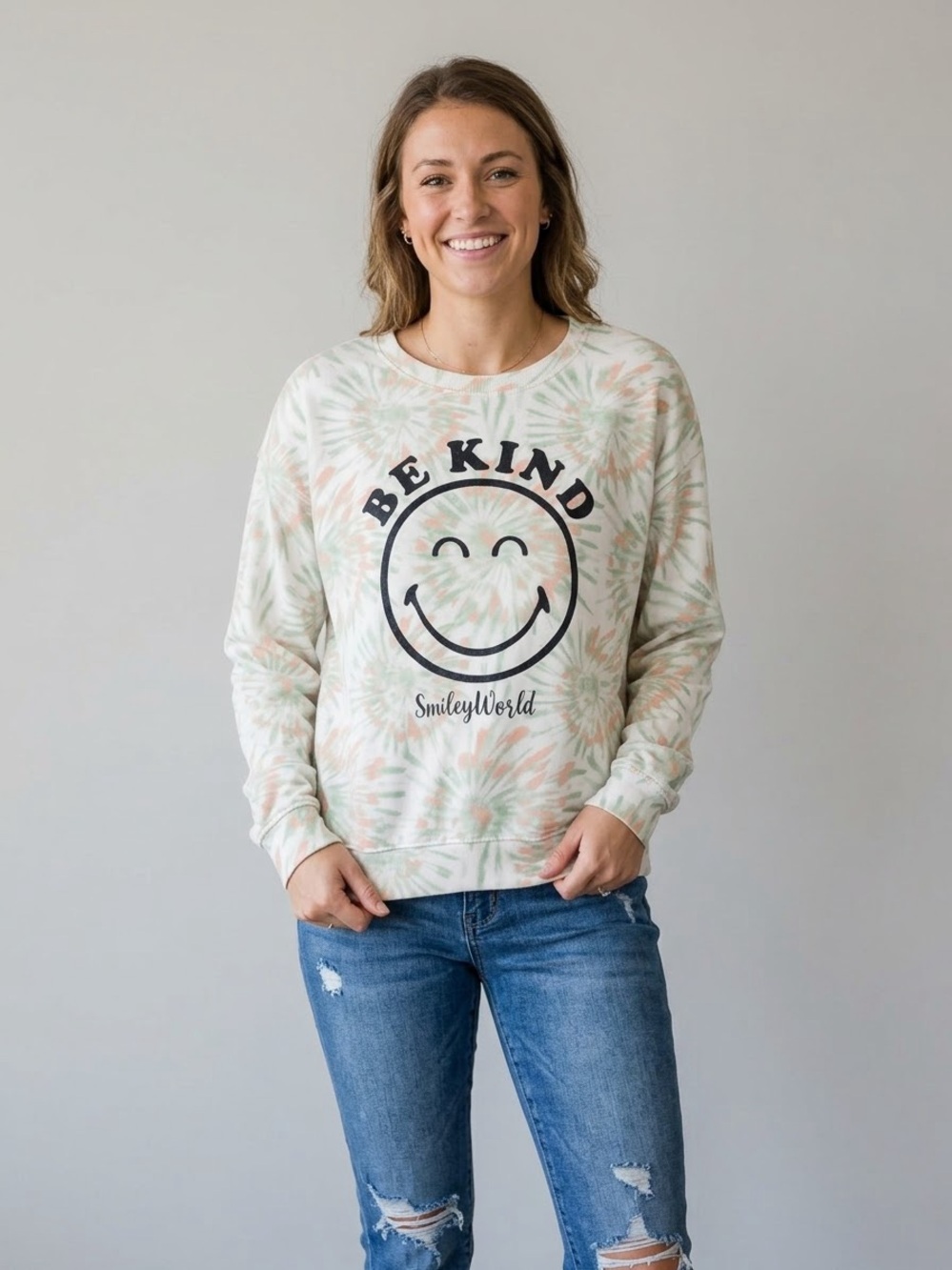 SmileyWorld Be Kind Tie Dye Graphic Crewneck Sweatshirt XL Pastel Cozy Lounge